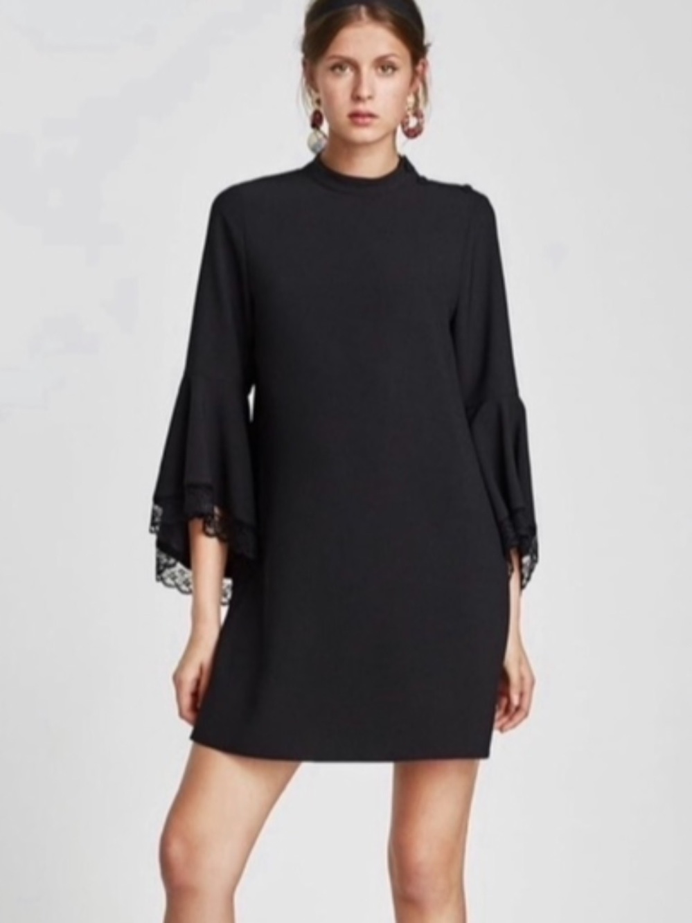 Zara Black Bell Lace Sleeves Mini Dress